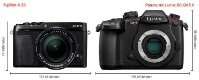 Größenvergleich: Fujifilm X-E3 vs. Panasonic Lumix DC-GH5 II Größenvergleich: Fujifilm X-E3 vs. Panasonic Lumix DC-GH5 II