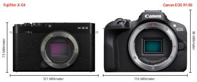 Größenvergleich: Fujifilm X-E4 vs. Canon EOS R100 Größenvergleich: Fujifilm X-E4 vs. Canon EOS R100