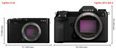 Größenvergleich: Fujifilm X-E4 vs. Fujifilm GFX 50S II Größenvergleich: Fujifilm X-E4 vs. Fujifilm GFX 50S II