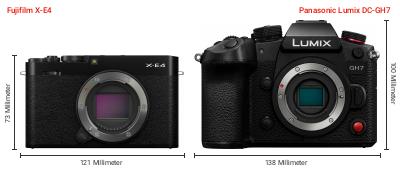 Größenvergleich: Fujifilm X-E4 vs. Panasonic Lumix DC-GH7 Größenvergleich: Fujifilm X-E4 vs. Panasonic Lumix DC-GH7