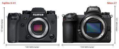 Größenvergleich: Fujifilm X-H1 vs. Nikon Z7 Größenvergleich: Fujifilm X-H1 vs. Nikon Z7