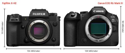 Größenvergleich: Fujifilm X-H2 vs. Canon EOS R6 Mark III Größenvergleich: Fujifilm X-H2 vs. Canon EOS R6 Mark III