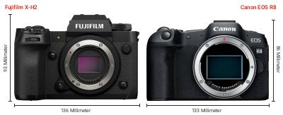 Größenvergleich: Fujifilm X-H2 vs. Canon EOS R8 Größenvergleich: Fujifilm X-H2 vs. Canon EOS R8