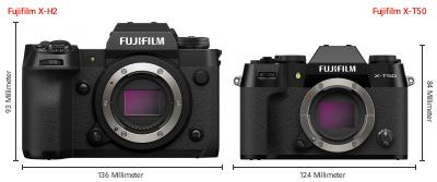 Größenvergleich: Fujifilm X-H2 vs. Fujifilm X-T50 Größenvergleich: Fujifilm X-H2 vs. Fujifilm X-T50