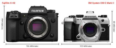 Größenvergleich: Fujifilm X-H2 vs. OM System OM-5 Mark II Größenvergleich: Fujifilm X-H2 vs. OM System OM-5 Mark II