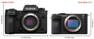 Größenvergleich: Fujifilm X-H2S vs. Sony Alpha 7C II Größenvergleich: Fujifilm X-H2S vs. Sony Alpha 7C II