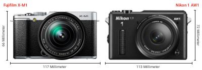 Größenvergleich: Fujifilm X-M1 vs. Nikon 1 AW1 Größenvergleich: Fujifilm X-M1 vs. Nikon 1 AW1