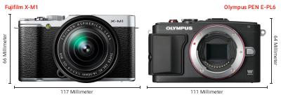Größenvergleich: Fujifilm X-M1 vs. OM System PEN E-PL6 Größenvergleich: Fujifilm X-M1 vs. OM System PEN E-PL6