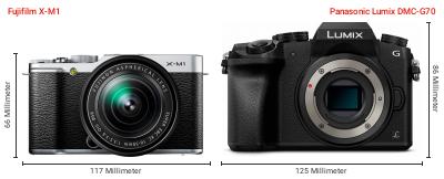 Größenvergleich: Fujifilm X-M1 vs. Panasonic Lumix DMC-G70 Größenvergleich: Fujifilm X-M1 vs. Panasonic Lumix DMC-G70