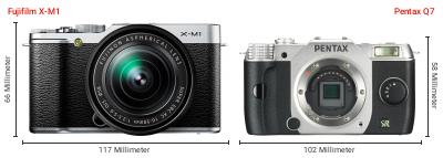 Größenvergleich: Fujifilm X-M1 vs. Pentax Q7 Größenvergleich: Fujifilm X-M1 vs. Pentax Q7