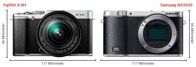 Größenvergleich: Fujifilm X-M1 vs. Samsung NX3000 Größenvergleich: Fujifilm X-M1 vs. Samsung NX3000
