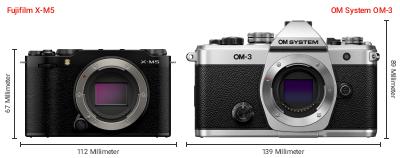 Größenvergleich: Fujifilm X-M5 vs. OM System OM-3 Größenvergleich: Fujifilm X-M5 vs. OM System OM-3
