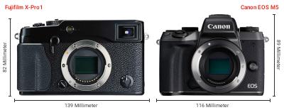 Größenvergleich: Fujifilm X-Pro1 vs. Canon EOS M5 Größenvergleich: Fujifilm X-Pro1 vs. Canon EOS M5