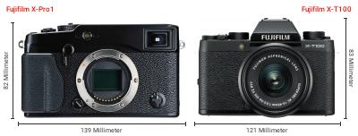 Größenvergleich: Fujifilm X-Pro1 vs. Fujifilm X-T100 Größenvergleich: Fujifilm X-Pro1 vs. Fujifilm X-T100