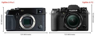 Größenvergleich: Fujifilm X-Pro1 vs. Fujifilm X-T2 Größenvergleich: Fujifilm X-Pro1 vs. Fujifilm X-T2