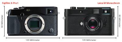 Größenvergleich: Fujifilm X-Pro1 vs. Leica M Monochrom Größenvergleich: Fujifilm X-Pro1 vs. Leica M Monochrom