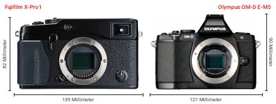 Größenvergleich: Fujifilm X-Pro1 vs. OM System OM-D E-M5 Größenvergleich: Fujifilm X-Pro1 vs. OM System OM-D E-M5