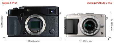 Größenvergleich: Fujifilm X-Pro1 vs. OM System PEN Lite E-PL5 Größenvergleich: Fujifilm X-Pro1 vs. OM System PEN Lite E-PL5