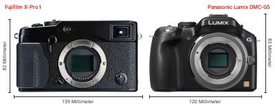 Größenvergleich: Fujifilm X-Pro1 vs. Panasonic Lumix DMC-G5 Größenvergleich: Fujifilm X-Pro1 vs. Panasonic Lumix DMC-G5
