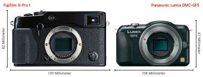 Größenvergleich: Fujifilm X-Pro1 vs. Panasonic Lumix DMC-GF5 Größenvergleich: Fujifilm X-Pro1 vs. Panasonic Lumix DMC-GF5