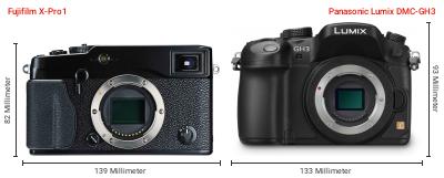 Größenvergleich: Fujifilm X-Pro1 vs. Panasonic Lumix DMC-GH3 Größenvergleich: Fujifilm X-Pro1 vs. Panasonic Lumix DMC-GH3