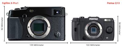 Größenvergleich: Fujifilm X-Pro1 vs. Pentax Q10 Größenvergleich: Fujifilm X-Pro1 vs. Pentax Q10