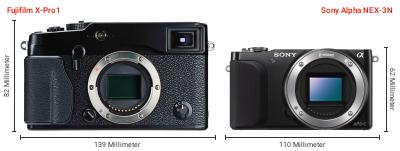 Größenvergleich: Fujifilm X-Pro1 vs. Sony Alpha NEX-3N Größenvergleich: Fujifilm X-Pro1 vs. Sony Alpha NEX-3N