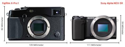 Größenvergleich: Fujifilm X-Pro1 vs. Sony Alpha NEX-5R Größenvergleich: Fujifilm X-Pro1 vs. Sony Alpha NEX-5R