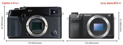 Größenvergleich: Fujifilm X-Pro1 vs. Sony Alpha NEX-6 Größenvergleich: Fujifilm X-Pro1 vs. Sony Alpha NEX-6