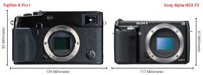 Größenvergleich: Fujifilm X-Pro1 vs. Sony Alpha NEX-F3 Größenvergleich: Fujifilm X-Pro1 vs. Sony Alpha NEX-F3