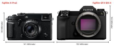 Größenvergleich: Fujifilm X-Pro2 vs. Fujifilm GFX 50S II Größenvergleich: Fujifilm X-Pro2 vs. Fujifilm GFX 50S II