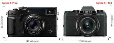 Größenvergleich: Fujifilm X-Pro2 vs. Fujifilm X-T100 Größenvergleich: Fujifilm X-Pro2 vs. Fujifilm X-T100