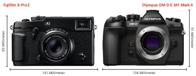 Größenvergleich: Fujifilm X-Pro2 vs. OM System OM-D E-M1 Mark II Größenvergleich: Fujifilm X-Pro2 vs. OM System OM-D E-M1 Mark II