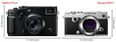 Größenvergleich: Fujifilm X-Pro2 vs. OM System PEN-F Größenvergleich: Fujifilm X-Pro2 vs. OM System PEN-F