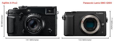 Größenvergleich: Fujifilm X-Pro2 vs. Panasonic Lumix DMC-GX80 Größenvergleich: Fujifilm X-Pro2 vs. Panasonic Lumix DMC-GX80
