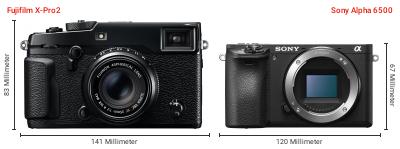 Größenvergleich: Fujifilm X-Pro2 vs. Sony Alpha 6500 Größenvergleich: Fujifilm X-Pro2 vs. Sony Alpha 6500
