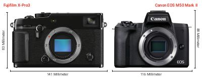 Größenvergleich: Fujifilm X-Pro3 vs. Canon EOS M50 Mark II Größenvergleich: Fujifilm X-Pro3 vs. Canon EOS M50 Mark II