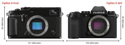 Größenvergleich: Fujifilm X-Pro3 vs. Fujifilm X-S20 Größenvergleich: Fujifilm X-Pro3 vs. Fujifilm X-S20