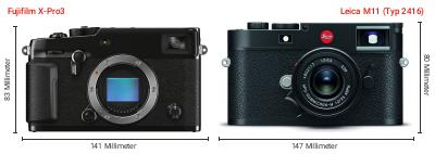 Größenvergleich: Fujifilm X-Pro3 vs. Leica M11 (Typ 2416) Größenvergleich: Fujifilm X-Pro3 vs. Leica M11 (Typ 2416)
