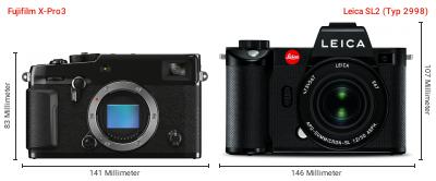 Größenvergleich: Fujifilm X-Pro3 vs. Leica SL2 (Typ 2998) Größenvergleich: Fujifilm X-Pro3 vs. Leica SL2 (Typ 2998)