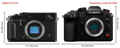 Größenvergleich: Fujifilm X-Pro3 vs. Panasonic Lumix DC-GH6 Größenvergleich: Fujifilm X-Pro3 vs. Panasonic Lumix DC-GH6