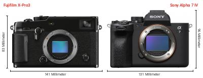 Größenvergleich: Fujifilm X-Pro3 vs. Sony Alpha 7 IV Größenvergleich: Fujifilm X-Pro3 vs. Sony Alpha 7 IV
