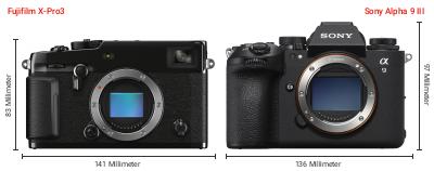 Größenvergleich: Fujifilm X-Pro3 vs. Sony Alpha 9 III Größenvergleich: Fujifilm X-Pro3 vs. Sony Alpha 9 III