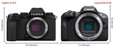 Größenvergleich: Fujifilm X-S10 vs. Canon EOS R100 Größenvergleich: Fujifilm X-S10 vs. Canon EOS R100