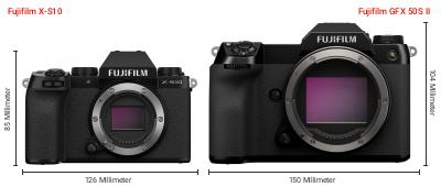 Größenvergleich: Fujifilm X-S10 vs. Fujifilm GFX 50S II Größenvergleich: Fujifilm X-S10 vs. Fujifilm GFX 50S II