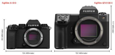 Größenvergleich: Fujifilm X-S10 vs. Fujifilm GFX100 II Größenvergleich: Fujifilm X-S10 vs. Fujifilm GFX100 II