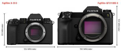 Größenvergleich: Fujifilm X-S10 vs. Fujifilm GFX100S II Größenvergleich: Fujifilm X-S10 vs. Fujifilm GFX100S II
