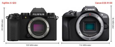Größenvergleich: Fujifilm X-S20 vs. Canon EOS R100 Größenvergleich: Fujifilm X-S20 vs. Canon EOS R100