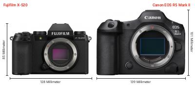 Größenvergleich: Fujifilm X-S20 vs. Canon EOS R5 Mark II Größenvergleich: Fujifilm X-S20 vs. Canon EOS R5 Mark II