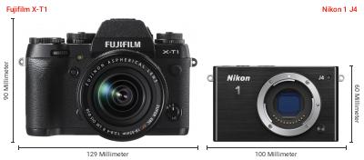 Größenvergleich: Fujifilm X-T1 vs. Nikon 1 J4 Größenvergleich: Fujifilm X-T1 vs. Nikon 1 J4